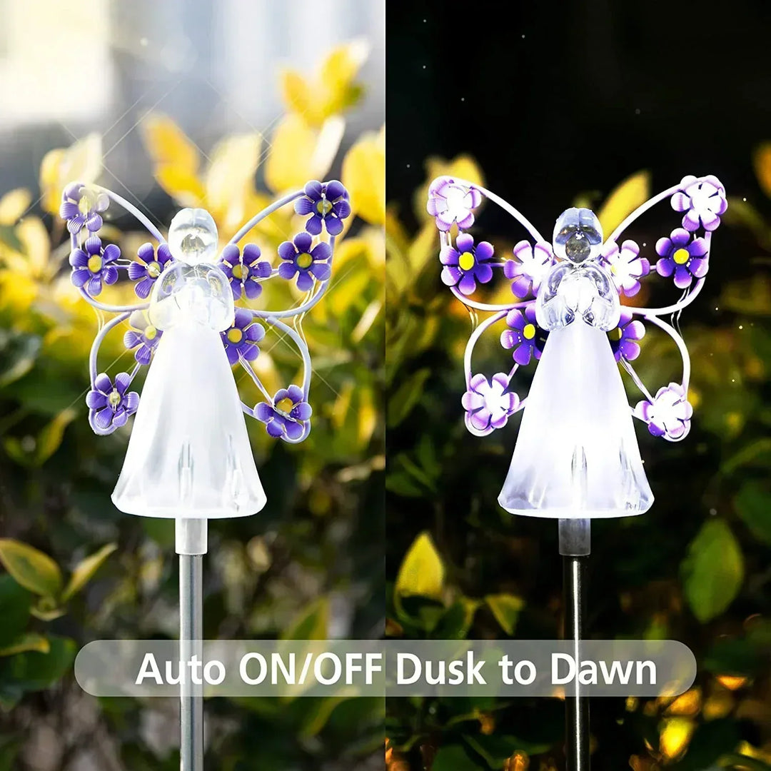 Solar Powered Angel Garden Stake with Warm White LED and Auto Dusk Activation
