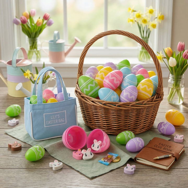 Mini Plastic Easter Eggs with Rubber Erasers 48 Pc Set, Colorful Easter Egg Hunt Fillers for Kids Party Favors