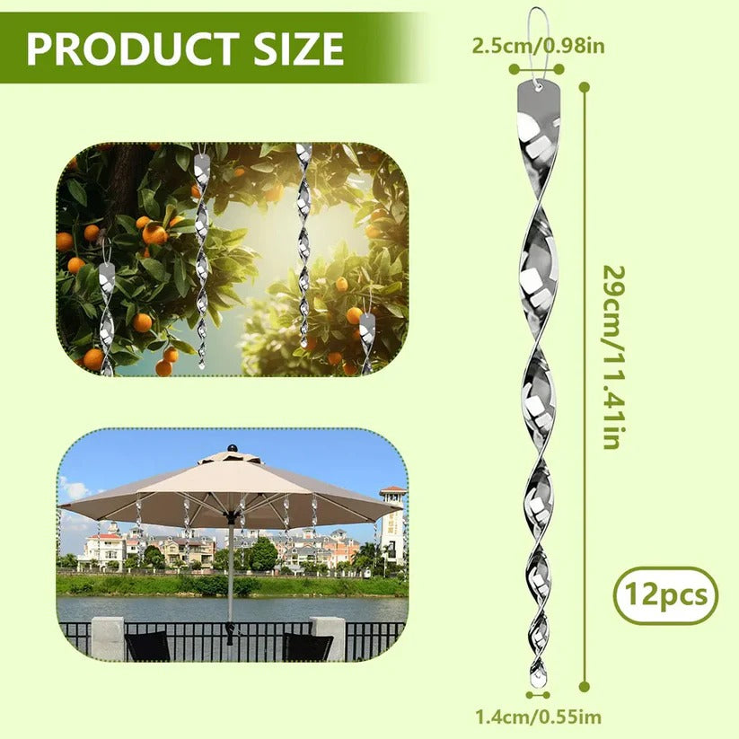 Reflective Spiral Rod Bird Deterrent with Wind-Powered Rotation and Silver Finish