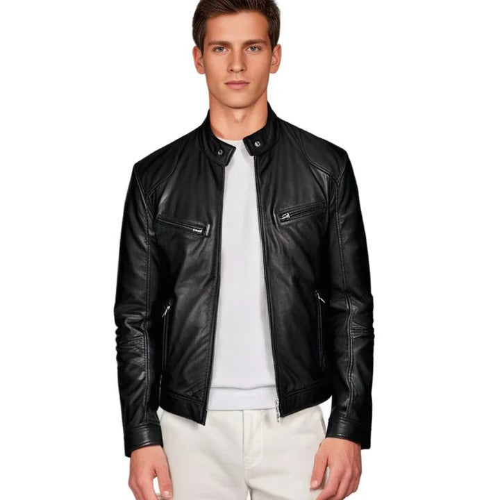 Leather Jacket for Men with Pockets and Zipper