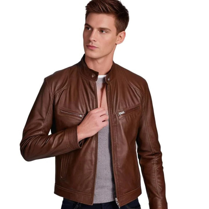 Leather Jacket for Men with Pockets and Zipper