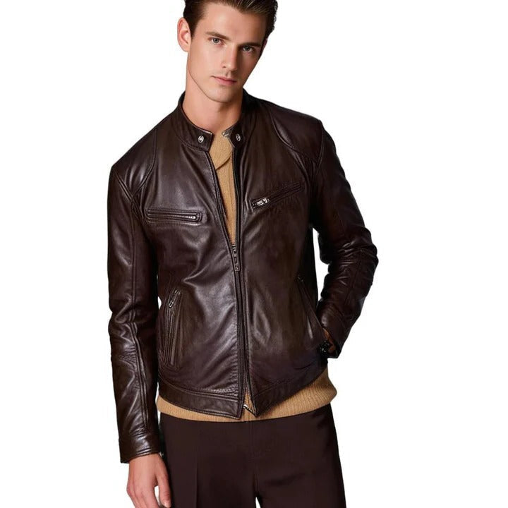 Leather Jacket for Men with Pockets and Zipper