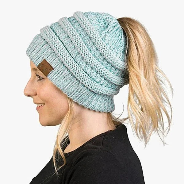 Ponytail Hat Cap Ribbed Knit Solid Color for Women