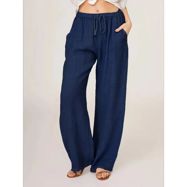 Womens Casual Linen Blend Wide Leg Pants with Drawstring Waist and Side Pockets