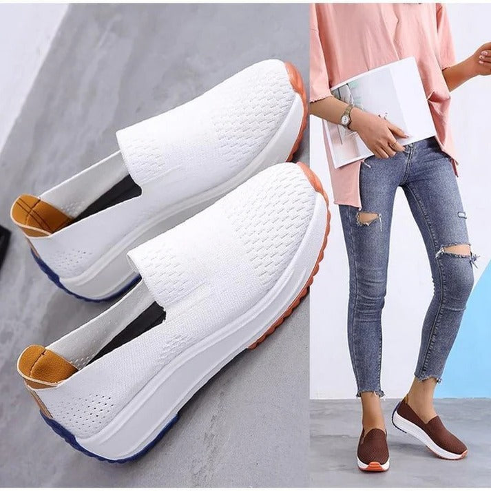 Womens Textured Knit Slip-On Sneakers with Colorblock Platform Sole