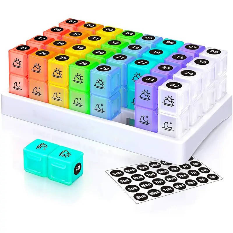 Monthly Pill Organizer 2 Times a Day, 31 Day Am Pm Pill Box Set with Stickers and Large Storage Case, Twice a Day Medication Planner