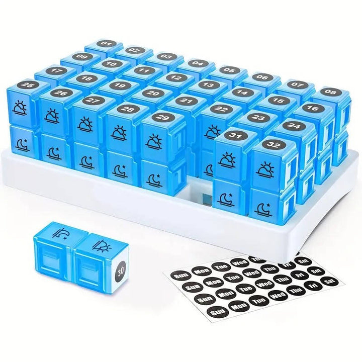 Monthly Pill Organizer 2 Times a Day, 31 Day Am Pm Pill Box Set with Stickers and Large Storage Case, Twice a Day Medication Planner